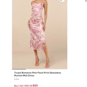 Lulus Pink Floral Print Sleeveless Ruched Midi Dress